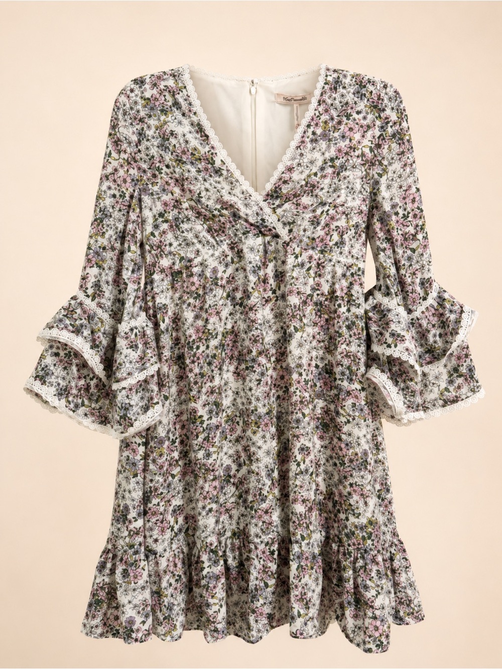 BCBGeneration Floral Lace Trim Bell Sleeve Mini Dress Size 2 NWT